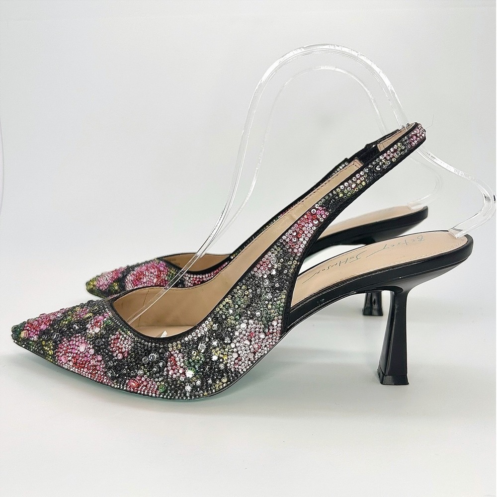 Betsey Johnson Clark Rhinestone Floral Slingback Pumps Black Pink Heels 10 NWOT - Picture 4 of 12